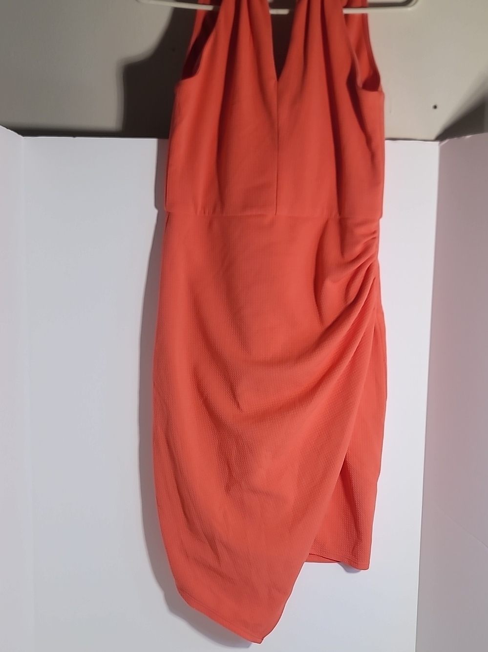 Asymmetrical Coral Midi dresess with Side Drape